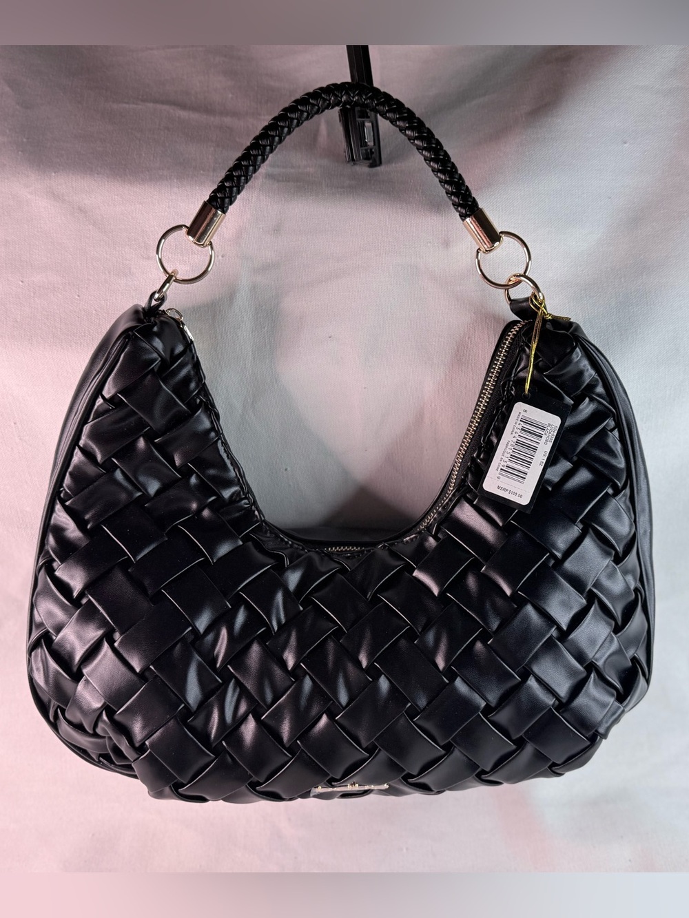 bebe Black Woven Hobo Shoulder Bag with Braided Handle